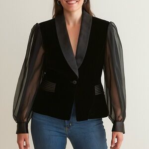 R&K Black Velvet Blazer Sheer Sleeves Whimsy Goth Evening